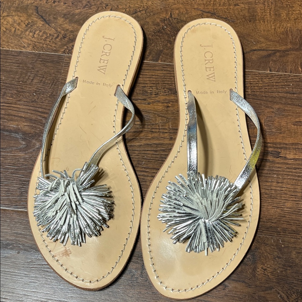 J.Crew silver metallic leather flat thong sandals with a tassel detail
